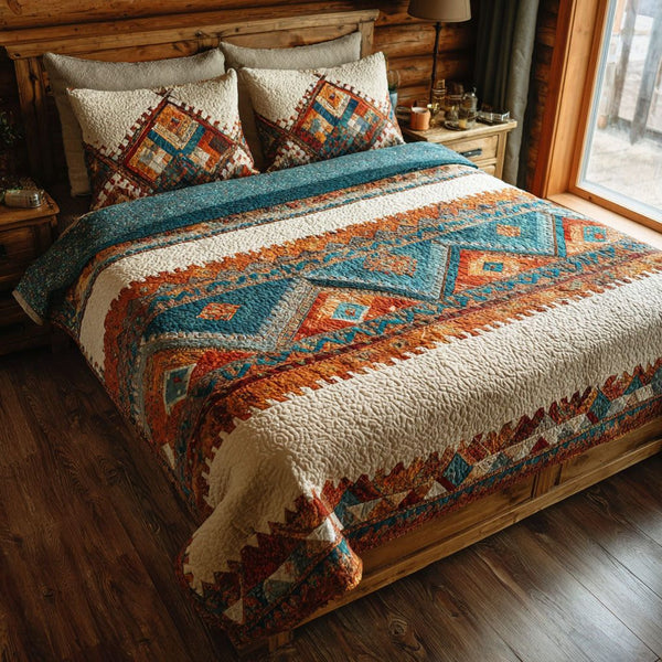 Prairie Flame quilted 3-piece bedding set on a made bed in a rustic timber bedroom
