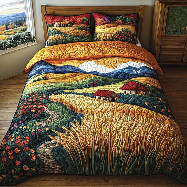 Prairie Glow quilted 3-piece bedding set on a made bed in a rustic timber bedroom