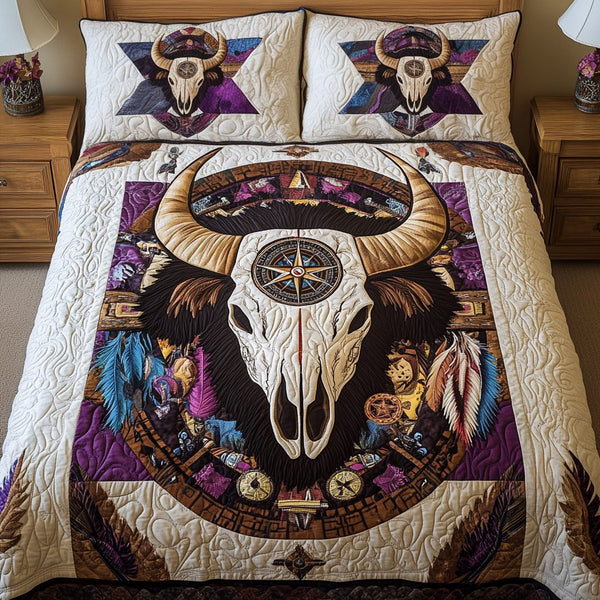 Prairie Glow quilted 3-piece bedding set on a made bed in a rustic timber bedroom