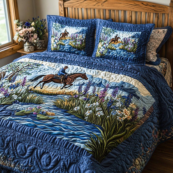 Prairie Grace quilted 3-piece bedding set on a made bed in a rustic timber bedroom