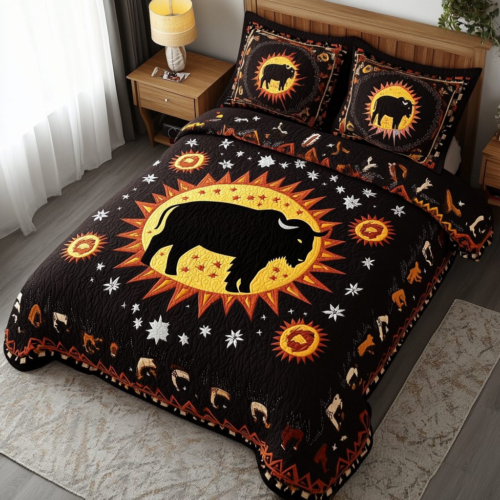 Prairie Guardian quilted 3-piece bedding set on a made bed in a rustic timber bedroom