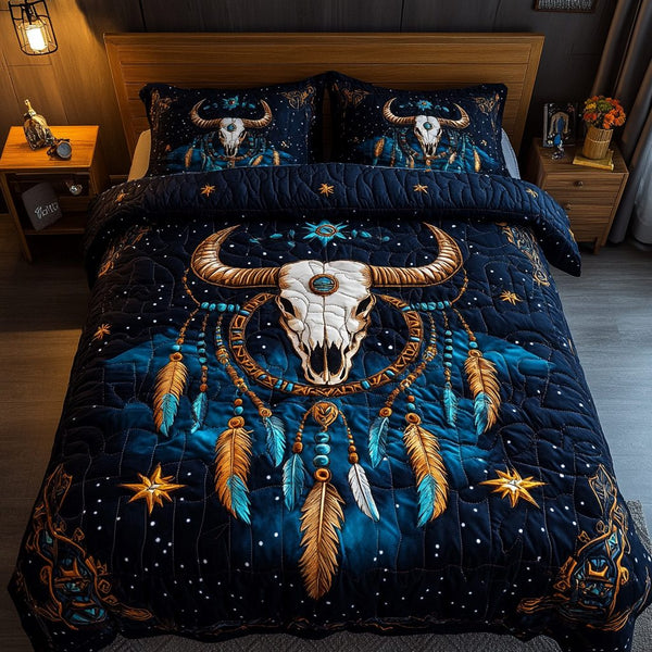 Prairie Heritage quilted 3-piece bedding set on a made bed in a rustic timber bedroom