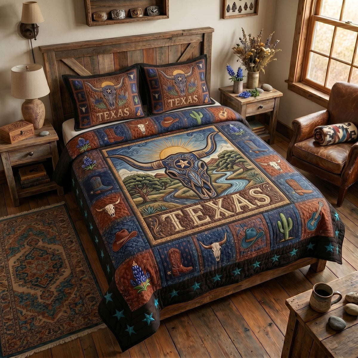 Prairie Horns quilted 3-piece bedding set on a made bed in a rustic timber bedroom