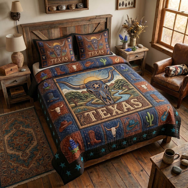 Prairie Horns quilted 3-piece bedding set on a made bed in a rustic timber bedroom