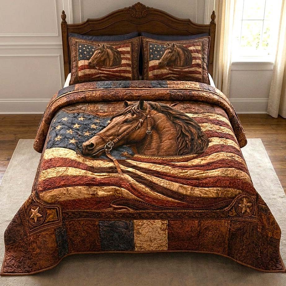 Prairie Horse quilted 3-piece bedding set on a made bed in a rustic timber bedroom