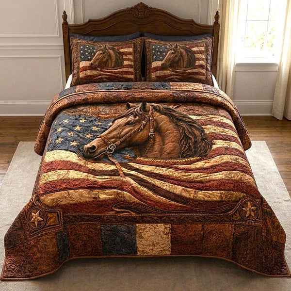 Prairie Horse quilted 3-piece bedding set on a made bed in a rustic timber bedroom