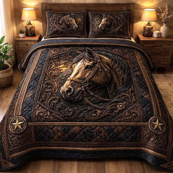 Prairie Horse quilted 3-piece bedding set on a made bed in a rustic timber bedroom