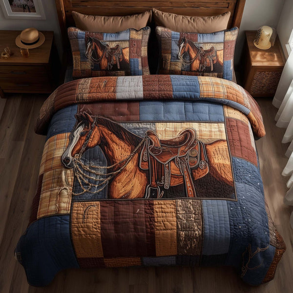 Prairie Horse quilted 3-piece bedding set on a made bed in a rustic timber bedroom