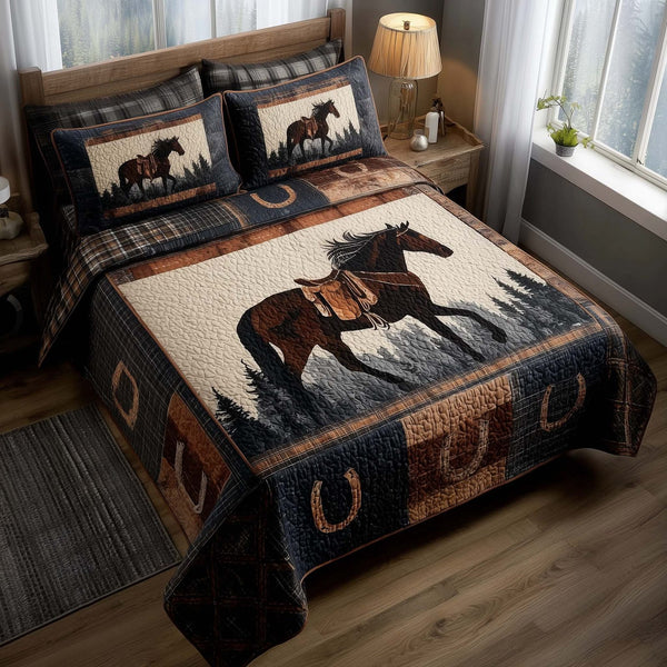 Prairie Horse quilted 3-piece bedding set on a made bed in a rustic timber bedroom