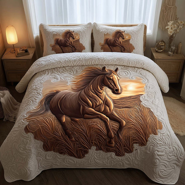 Prairie Horse quilted 3-piece bedding set on a made bed in a rustic timber bedroom