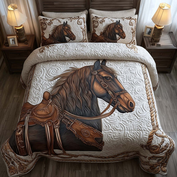 Prairie Horse quilted 3-piece bedding set on a made bed in a rustic timber bedroom