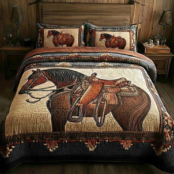 Prairie Horse quilted 3-piece bedding set on a made bed in a rustic timber bedroom