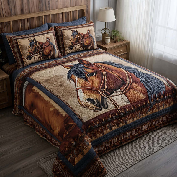 Prairie Horse quilted 3-piece bedding set on a made bed in a rustic timber bedroom