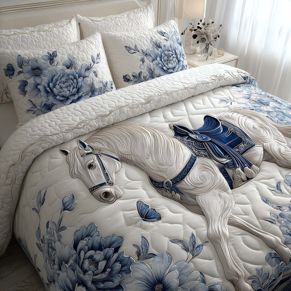 Prairie Horse quilted 3-piece bedding set on a made bed in a rustic timber bedroom