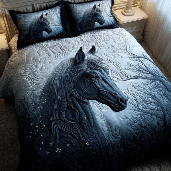 Prairie Horse quilted 3-piece bedding set on a made bed in a rustic timber bedroom