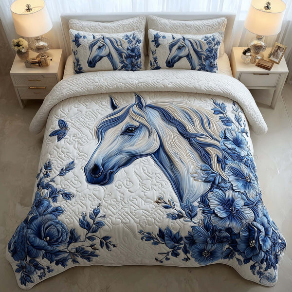 Prairie Horse quilted 3-piece bedding set on a made bed in a rustic timber bedroom