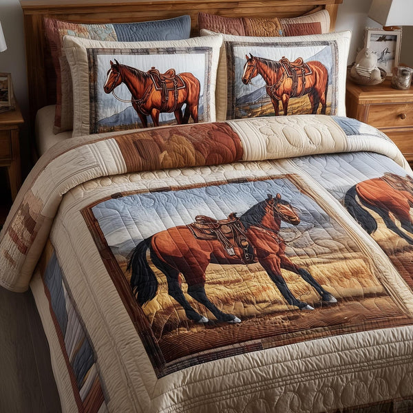 Prairie Horse quilted 3-piece bedding set on a made bed in a rustic timber bedroom