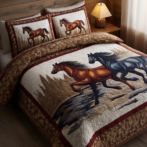 Prairie Horse quilted 3-piece bedding set on a made bed in a rustic timber bedroom