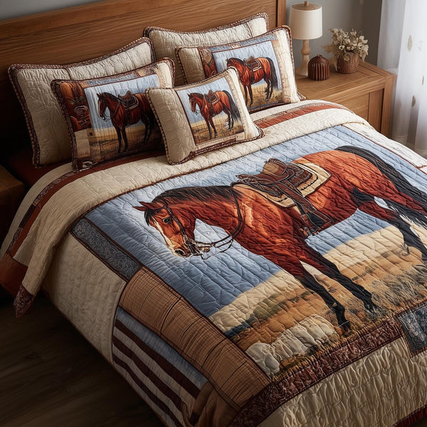 Prairie Horse quilted 3-piece bedding set on a made bed in a rustic timber bedroom