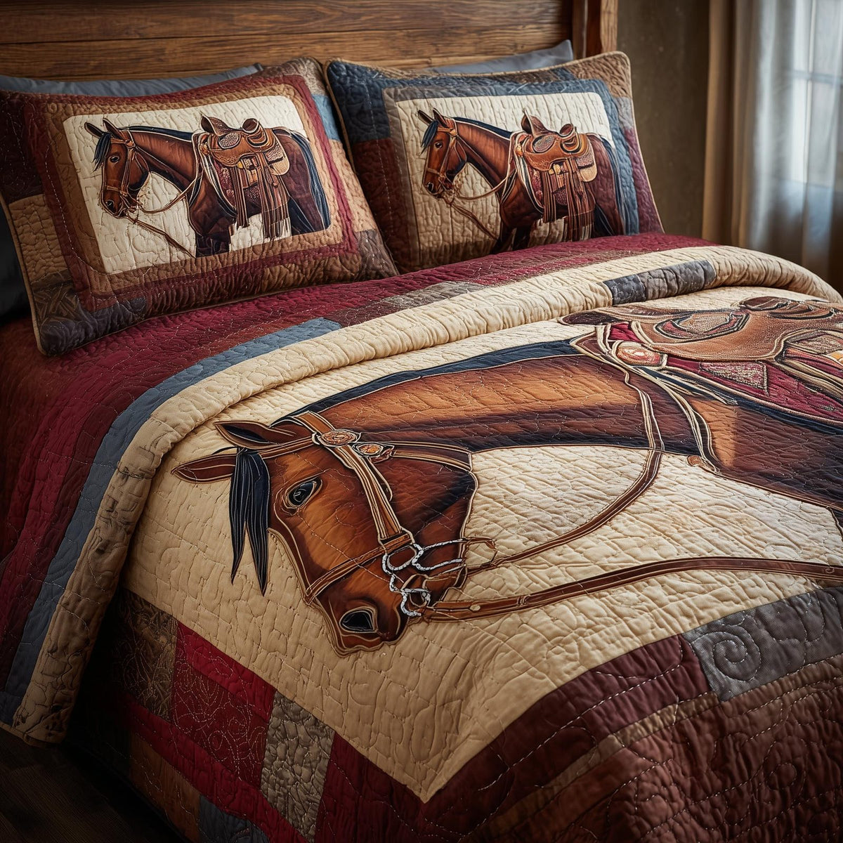 Prairie Horse quilted 3-piece bedding set on a made bed in a rustic timber bedroom