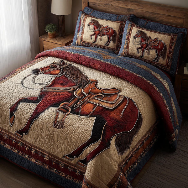 Prairie Horse quilted 3-piece bedding set on a made bed in a rustic timber bedroom