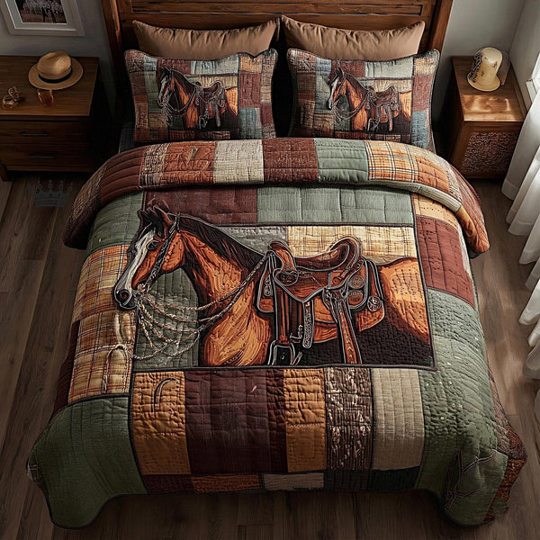 Prairie Horse quilted 3-piece bedding set on a made bed in a rustic timber bedroom