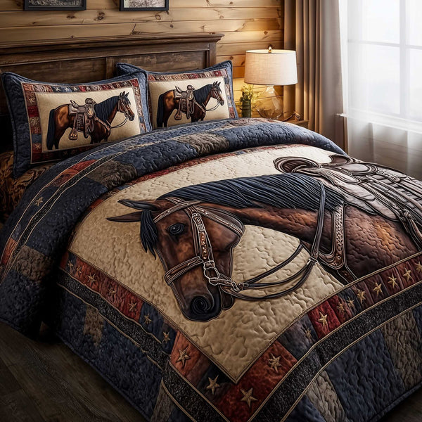 Prairie Horse quilted 3-piece bedding set on a made bed in a rustic timber bedroom