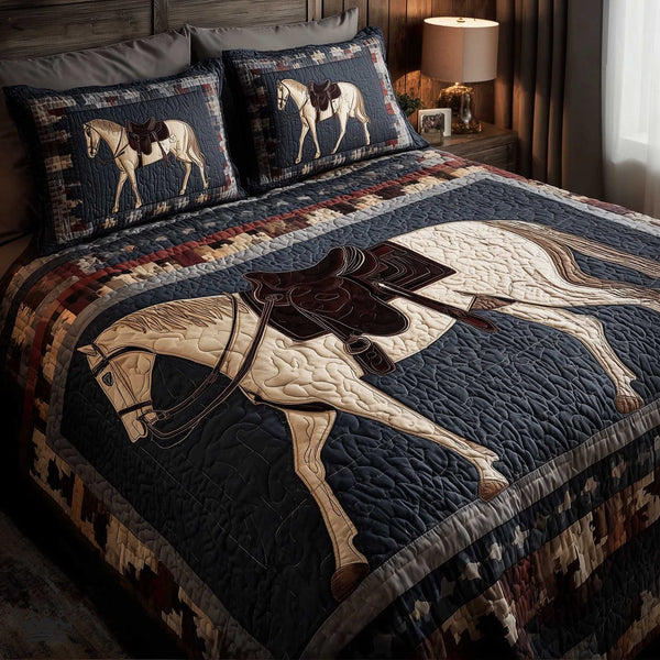 Prairie Horse quilted 3-piece bedding set on a made bed in a rustic timber bedroom