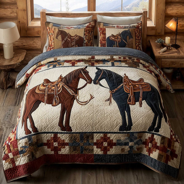 Prairie Horse quilted 3-piece bedding set on a made bed in a rustic timber bedroom