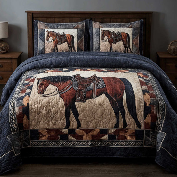Prairie Horse quilted 3-piece bedding set on a made bed in a rustic timber bedroom