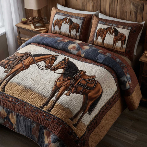 Prairie Horse quilted 3-piece bedding set on a made bed in a rustic timber bedroom