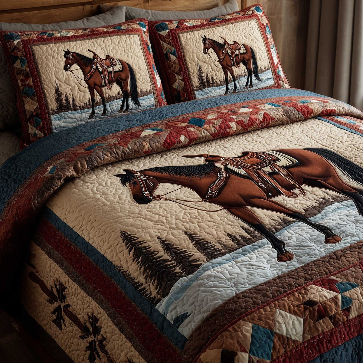 Prairie Horse quilted 3-piece bedding set on a made bed in a rustic timber bedroom