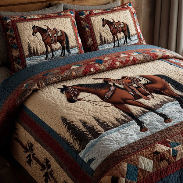 Prairie Horse quilted 3-piece bedding set on a made bed in a rustic timber bedroom