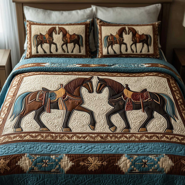 Prairie Horse quilted 3-piece bedding set on a made bed in a rustic timber bedroom