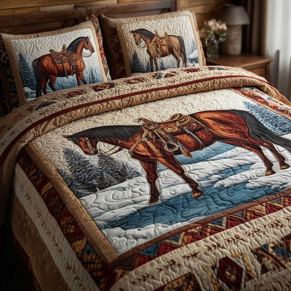 Prairie Horse quilted 3-piece bedding set on a made bed in a rustic timber bedroom