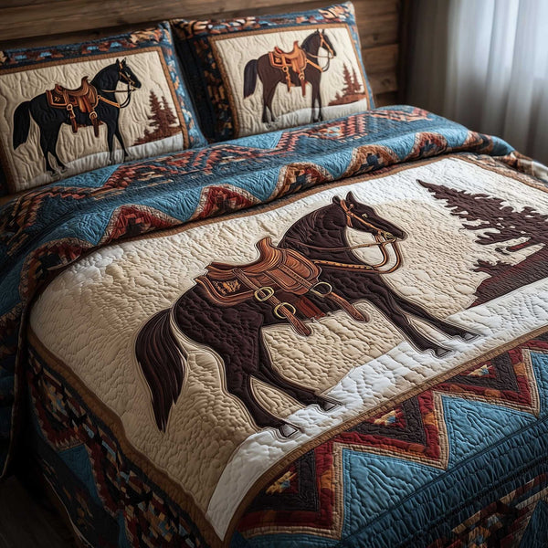 Prairie Horse quilted 3-piece bedding set on a made bed in a rustic timber bedroom