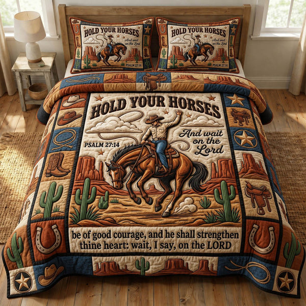 Prairie Horse quilted 3-piece bedding set on a made bed in a rustic timber bedroom