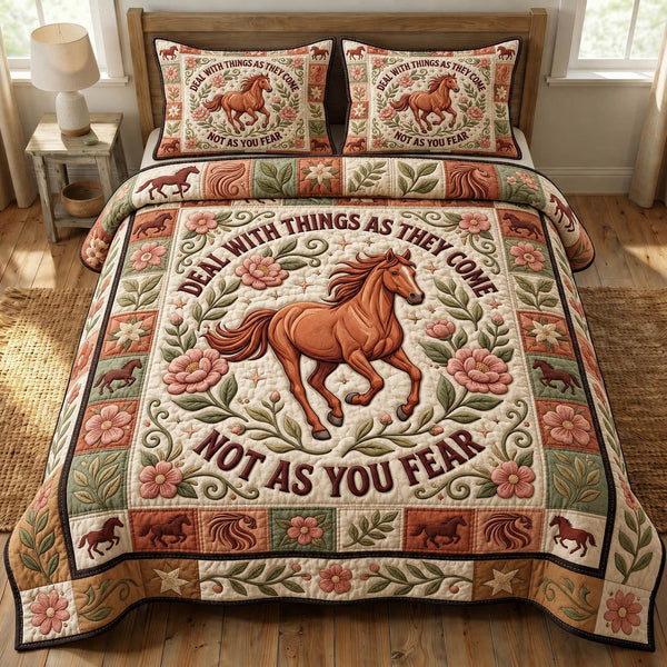 Prairie Horse quilted 3-piece bedding set on a made bed in a rustic timber bedroom