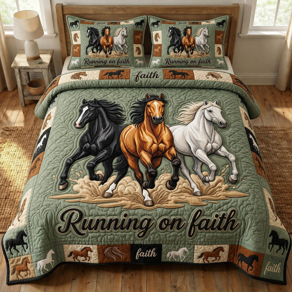 Prairie Horse quilted 3-piece bedding set on a made bed in a rustic timber bedroom
