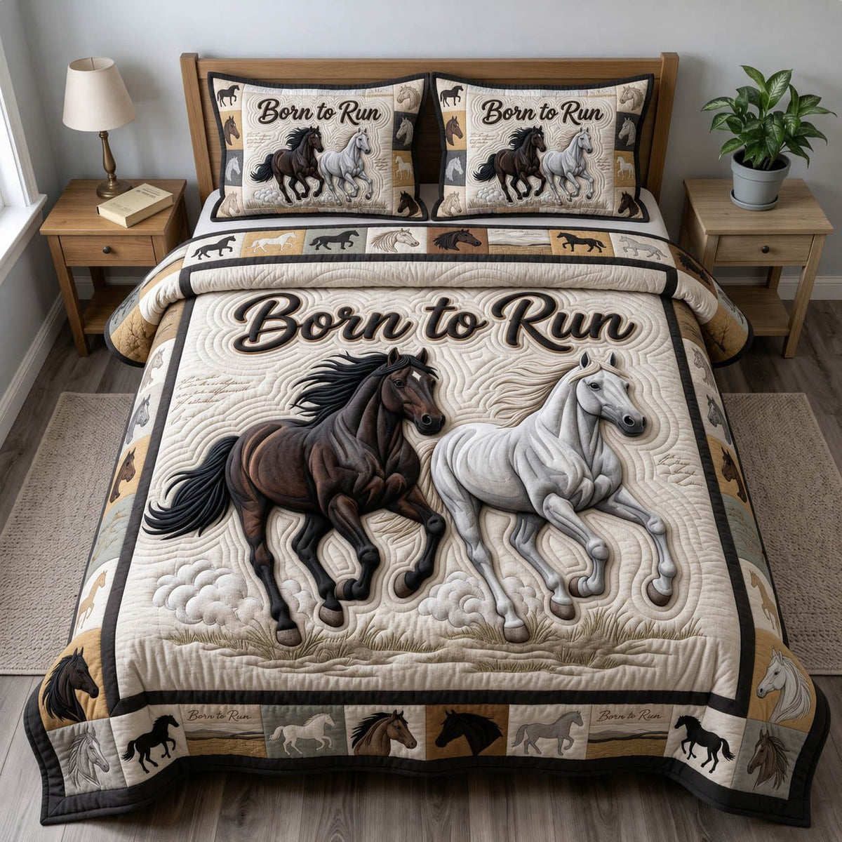 Prairie Horse quilted 3-piece bedding set on a made bed in a rustic timber bedroom