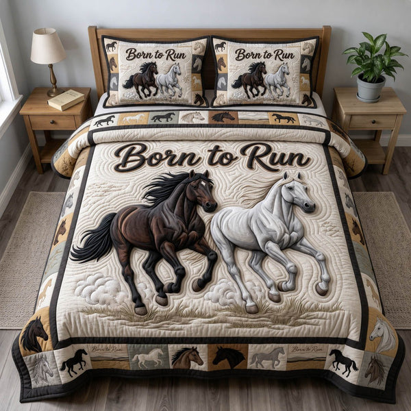 Prairie Horse quilted 3-piece bedding set on a made bed in a rustic timber bedroom