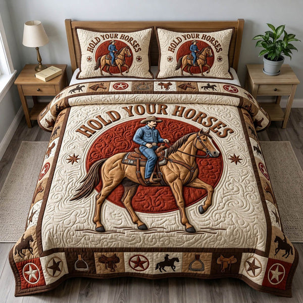 Prairie Horse quilted 3-piece bedding set on a made bed in a rustic timber bedroom
