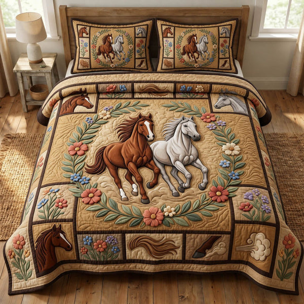 Prairie Horse quilted 3-piece bedding set on a made bed in a rustic timber bedroom