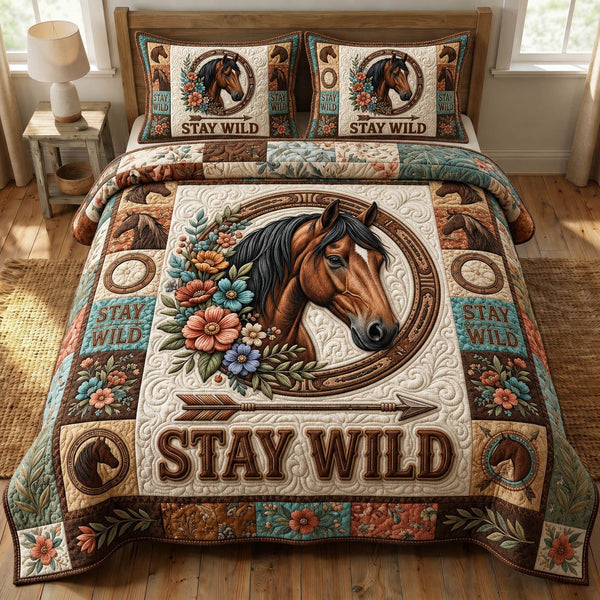 Prairie Horse quilted 3-piece bedding set on a made bed in a rustic timber bedroom