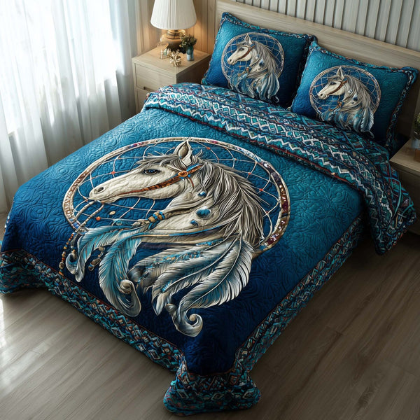 Prairie Horse quilted 3-piece bedding set on a made bed in a rustic timber bedroom