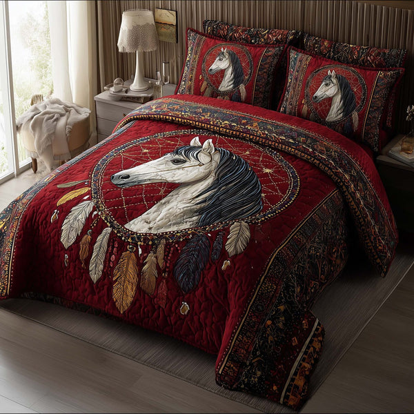 Prairie Horse quilted 3-piece bedding set on a made bed in a rustic timber bedroom