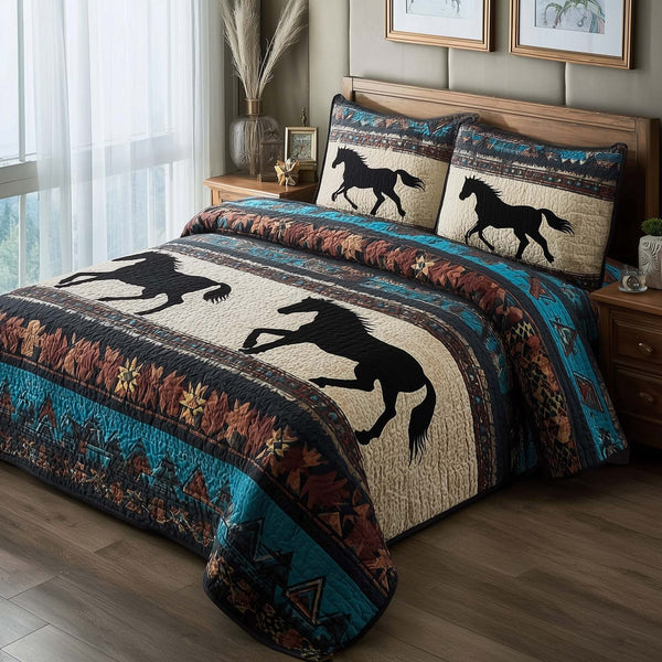 Prairie Horse quilted 3-piece bedding set on a made bed in a rustic timber bedroom