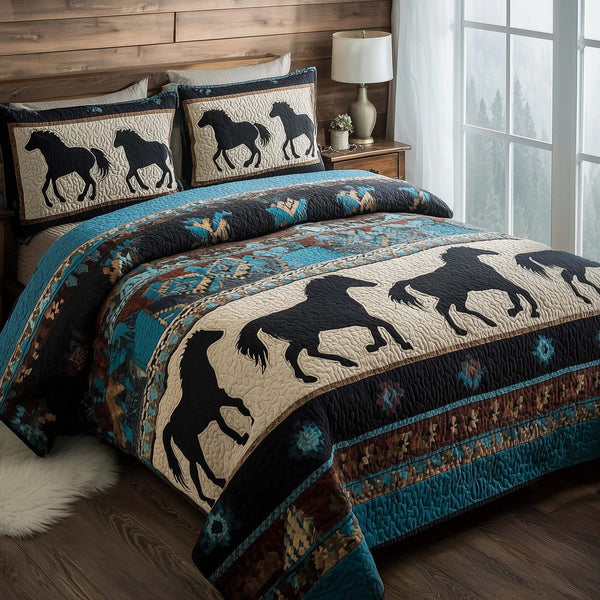 Prairie Horse quilted 3-piece bedding set on a made bed in a rustic timber bedroom