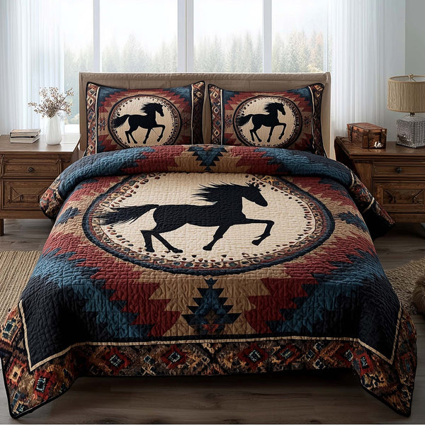 Prairie Horse quilted 3-piece bedding set on a made bed in a rustic timber bedroom