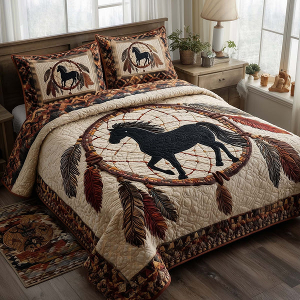 Prairie Horse quilted 3-piece bedding set on a made bed in a rustic timber bedroom